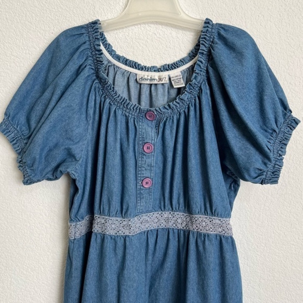 Denim 24/7 Blue Jean Maxi Dress Ruffled Collar Puffy Ruffled Short Sleeves 20W - Picture 6 of 12